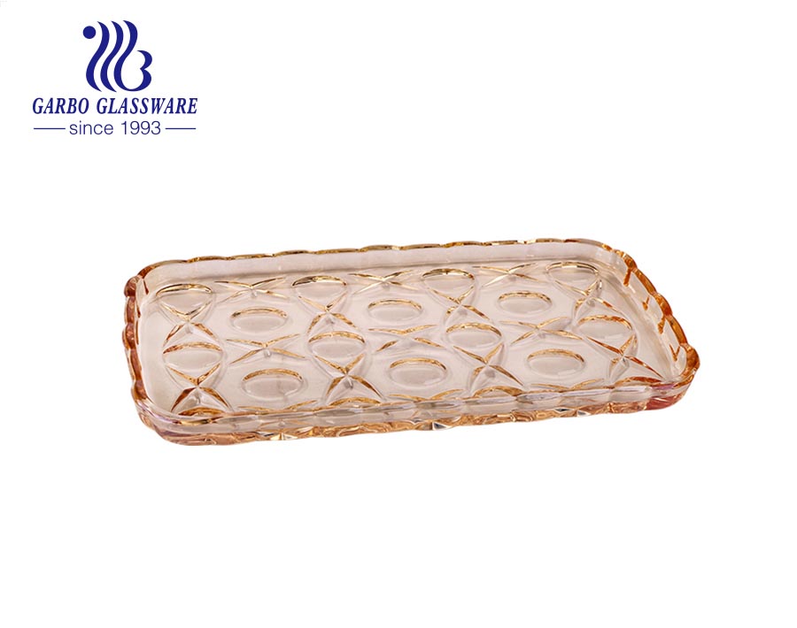 14inches rectangular-shaped glass tray amber color fruit plate with engraved design