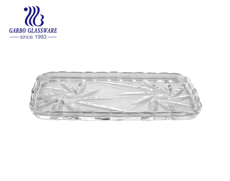 14inches rectangular-shaped glass tray amber color fruit plate with engraved design