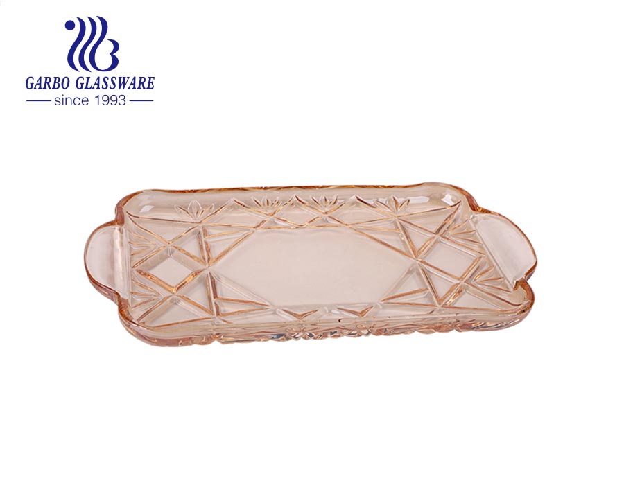14inches rechteckiges Glastablett bernsteinfarbener Obstteller mit graviertem Design