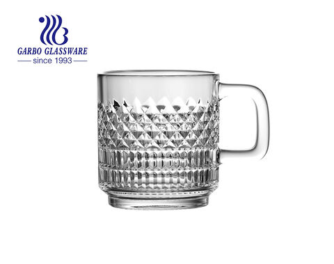 Garbo new shape clear glass cups with handle unique engraved pattern design glass coffee mugs for restaurant 