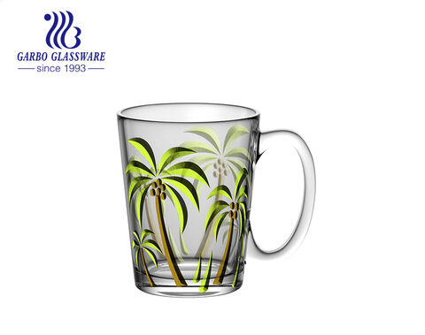 Taza de vidrio de árbol de coco de 12 oz Garbo diseño de patrón único colores en aerosol tazas de té de vidrio