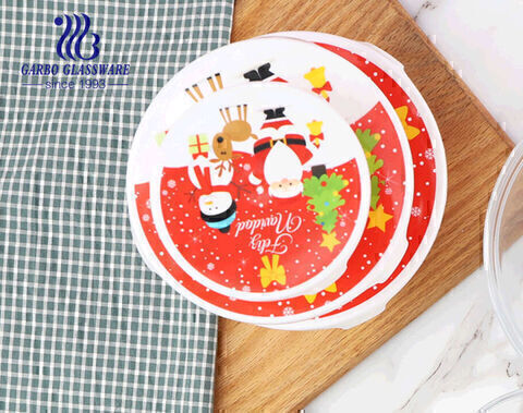 Tigela de salada de vidro com 5 peças de design de Natal com tampa de plástico para saladas e armazenamento de alimentos