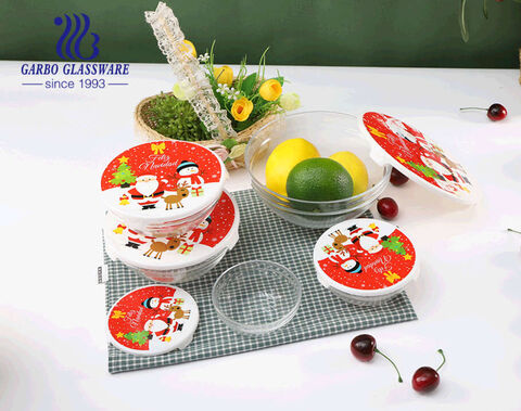 Christmas design 5pcs glass salad bowl set with plastic lid for salad and food storage