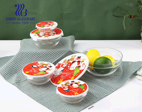 クリスマスデザインサラダと食品の保管用のプラスチック製の蓋が付いた5個のガラスサラダボウル
