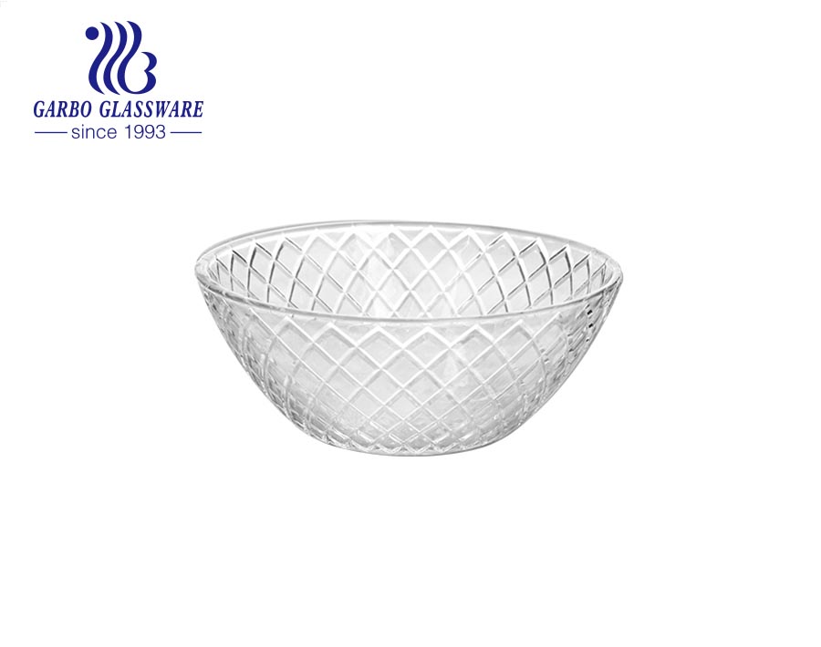 5 inch high-white transparent machine-made glass ice cream dessert salad bowl with engraved pattern outside