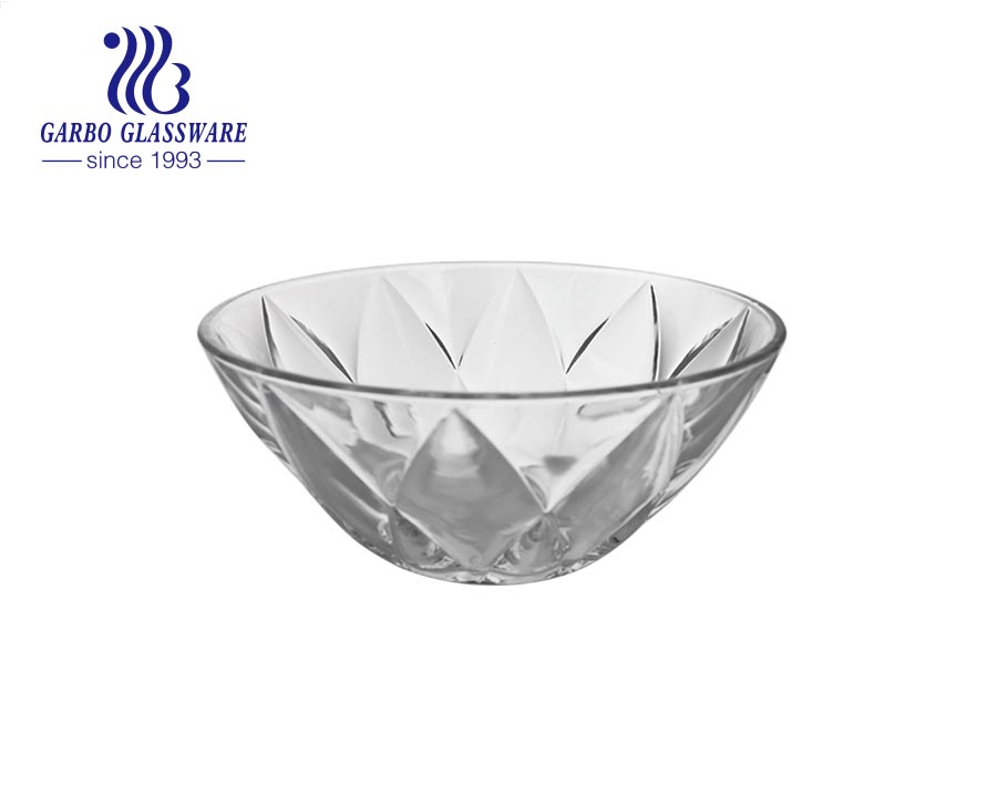 5 inch high-white transparent machine-made glass ice cream dessert salad bowl with engraved pattern outside