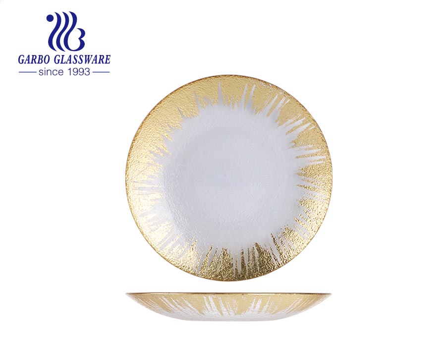 8.39 inches texture wedding glass dinner side plates with spray gold rim