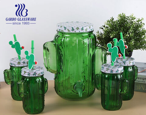 Dispenser in vetro con design a forma di cactus di colore verde 5 pezzi con set per bere barattoli di vetro