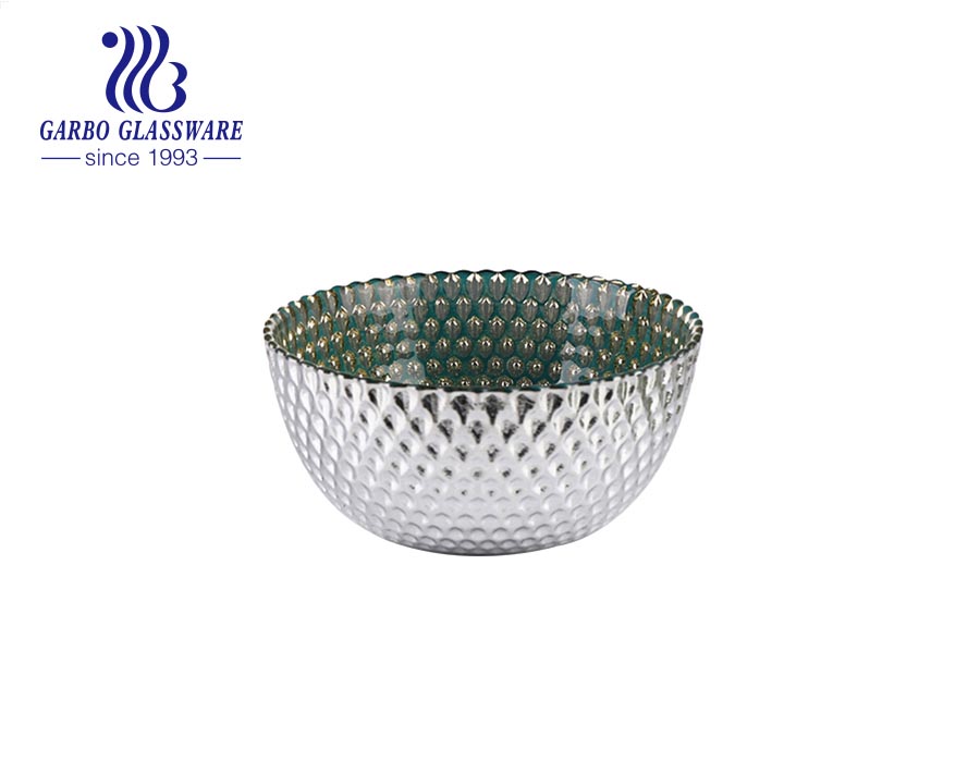 Wholesale olive green inside silver outside glass fruit salad flat bowl for daily use