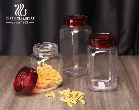 Corps carré avec bouche ronde Grands pots de stockage en verre de 2.5 litres avec couvercles en plastique pour thé café sucre