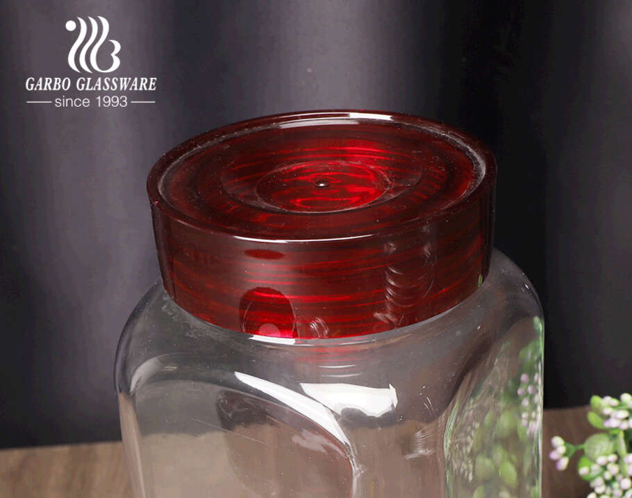 جسم مربع مع فم دائري 2.5 لتر برطمانات تخزين زجاجية كبيرة مع أغطية بلاستيكية للشاي والقهوة والسكر