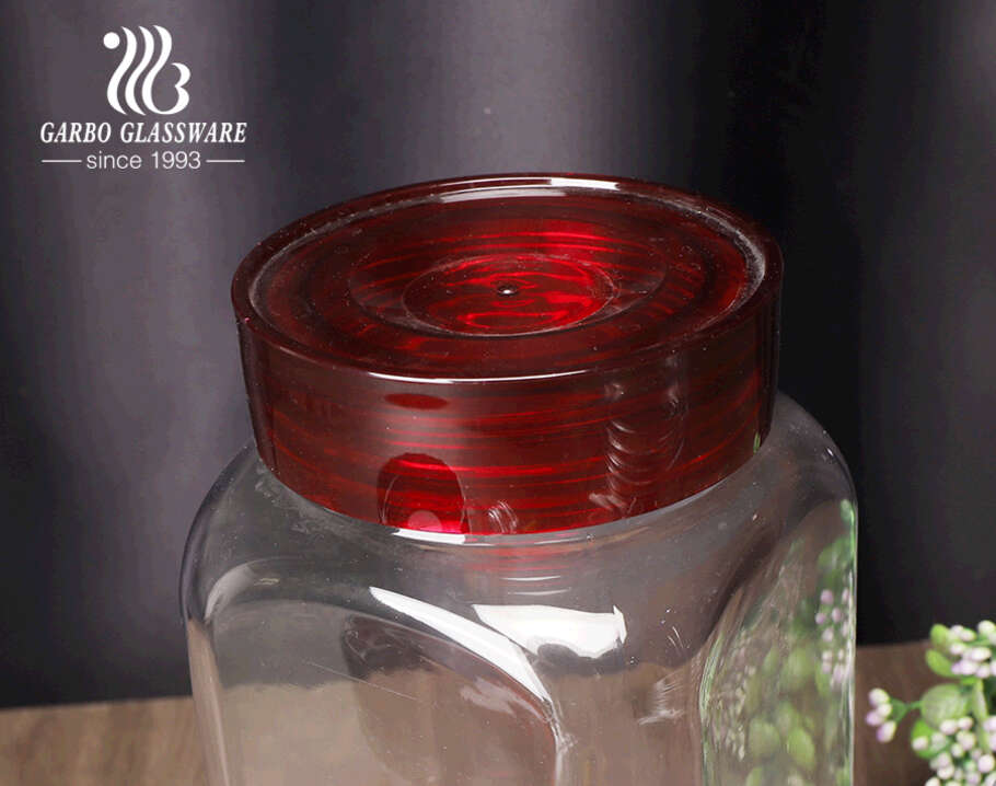 Corps carré avec bouche ronde Grands pots de stockage en verre de 2.5 litres avec couvercles en plastique pour thé café sucre