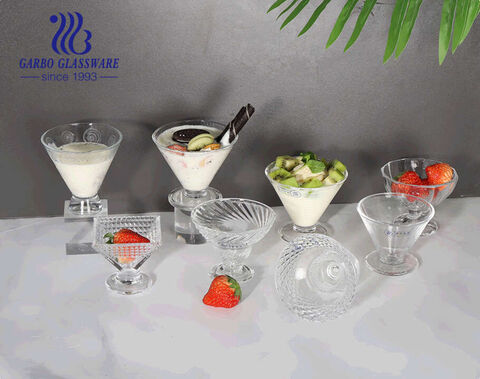 Premium Crystal Clear Glass Ice Cream Cups Footed Dessert Cups 120ml Special embossed pattern crystal glass Ice cream bowl dessert glass cup footed latte salad cup 