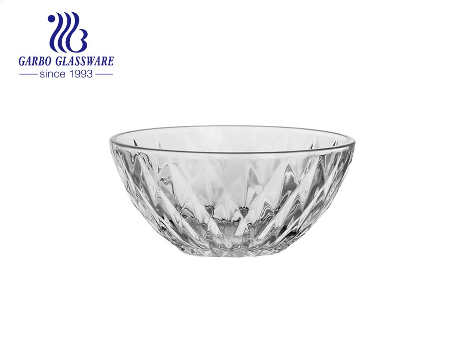 Factory cheap machine-made glass salad fruit bowl with engraved diamond design outside for dinner table 