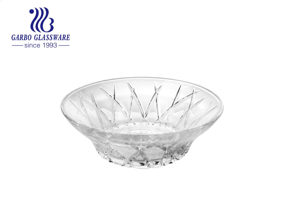 Fabrik billige maschinell hergestellte Glassalat-Obstschale mit graviertem Diamantdesign außen für den Esstisch