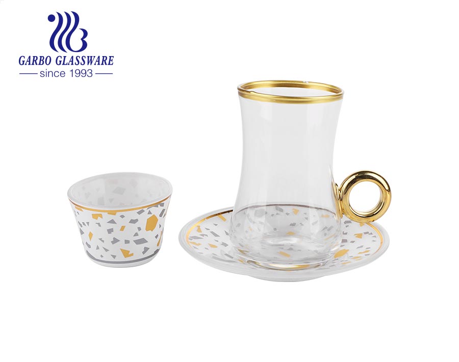 Gift golden rim handblown glass mug saucer set with marble design for Arabic coffee tea 