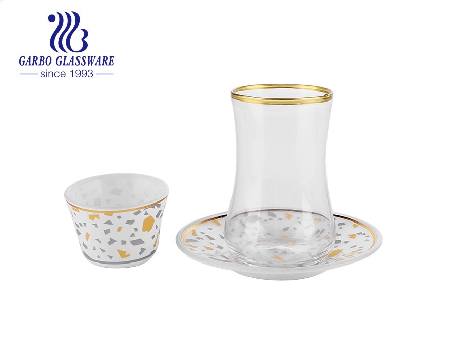 Gift golden rim handblown glass mug saucer set with marble design for Arabic coffee tea 