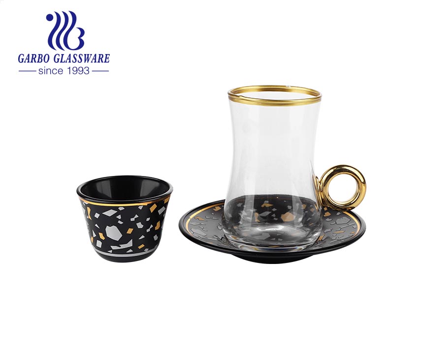 Juego de platillo de taza de vidrio soplado a mano con borde dorado de regalo con diseño de mármol para té de café árabe