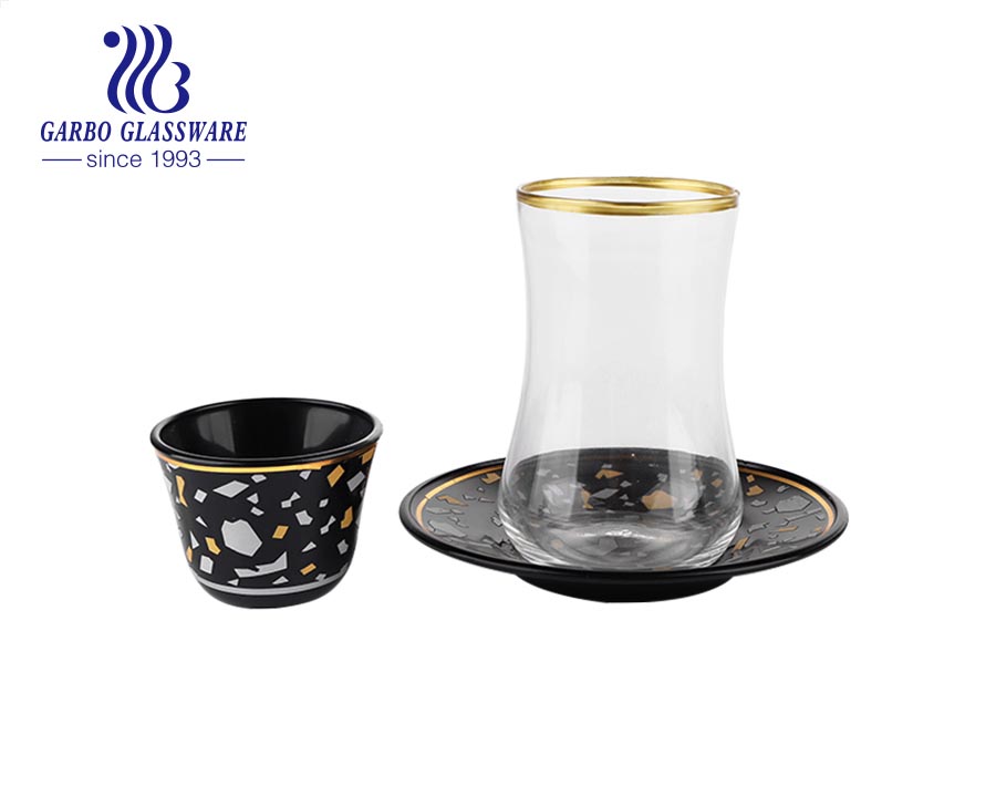 Gift golden rim handblown glass mug saucer set with marble design for Arabic coffee tea 