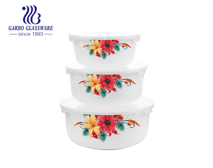 3pcs opal glass bowls set for home using kitchenware using with flower decals customized glassware wholesale supermarket