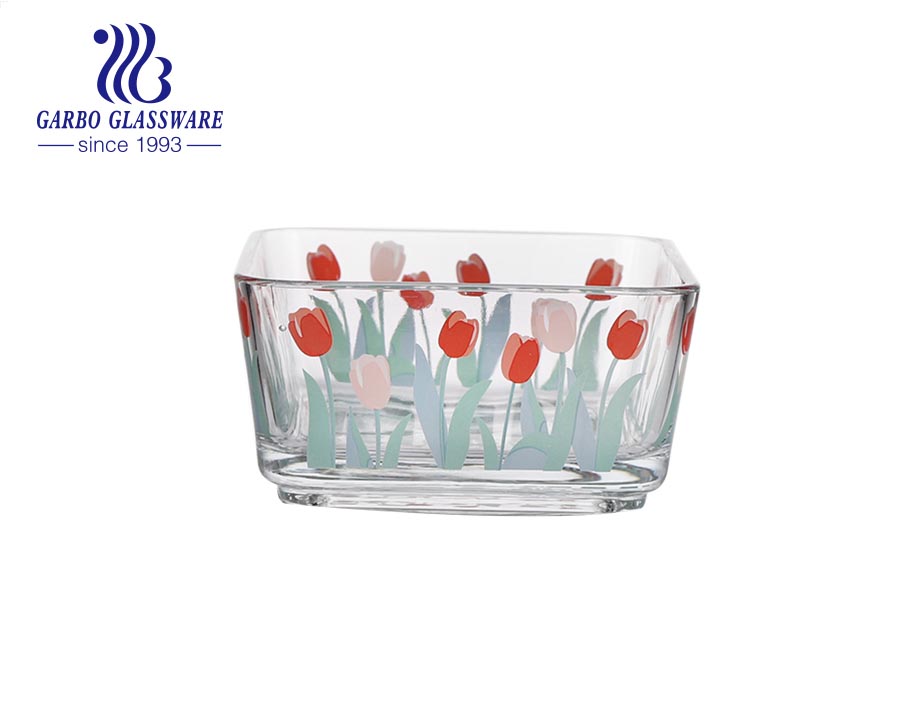 Großhandel hochweiße billige maschinell hergestellte quadratische Obstsalatschüssel aus Glas mit farbigem Blumengras-Aufkleber
