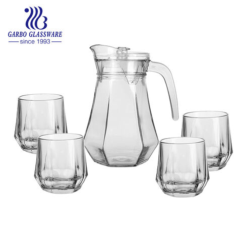 Big Diamond Design Klarglas Wasserkaraffe Set 3 PCS Glaskrug Set mit Kunststoffdeckel 1 Krug 2 Tassen für Großhandel