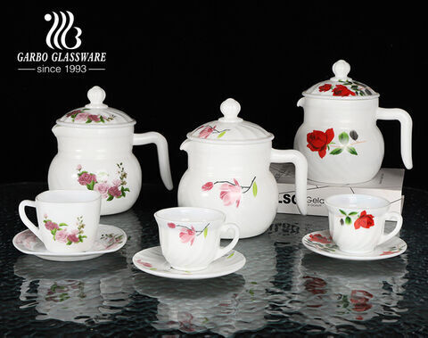 Hochwertige weiße Teekanne aus gehärtetem Opalglas mit 4 Teetassen Set