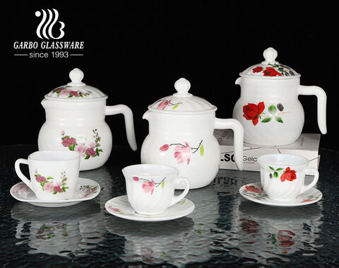 High quality white tempered opal glass clear tea pot with 4 Tea Cups Set