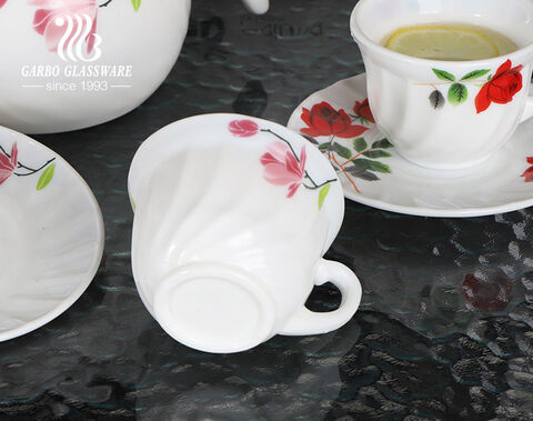 High quality white tempered opal glass clear tea pot with 4 Tea Cups Set