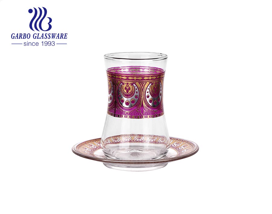 Shiny gold decal 7oz Turkish black tea glass tumbler and saucer set