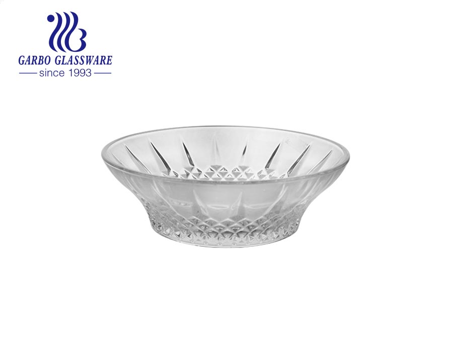 High-white machine-made engraved glass fruit salad bowl with glass handle for party decoration 