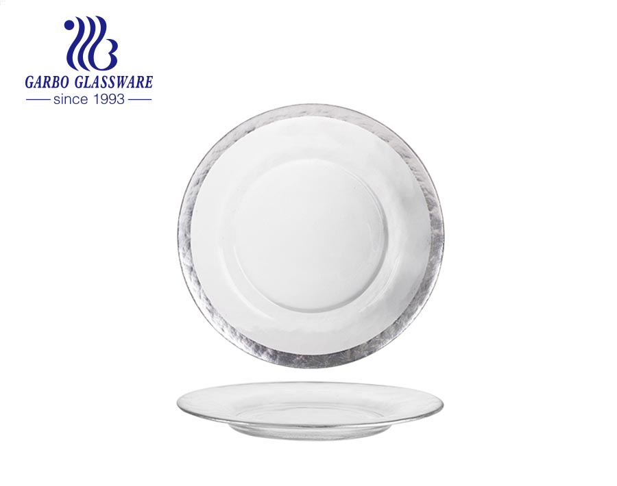 wholesale customized clear glass fruit cake charger plates glass beaded plates with silver rim