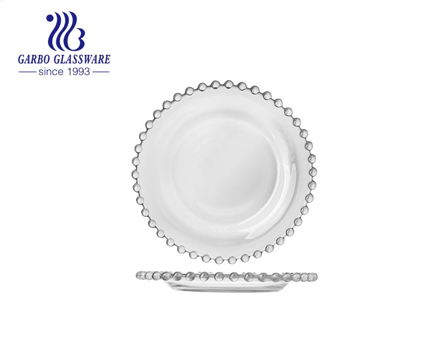 wholesale customized clear glass fruit cake charger plates glass beaded plates with silver rim