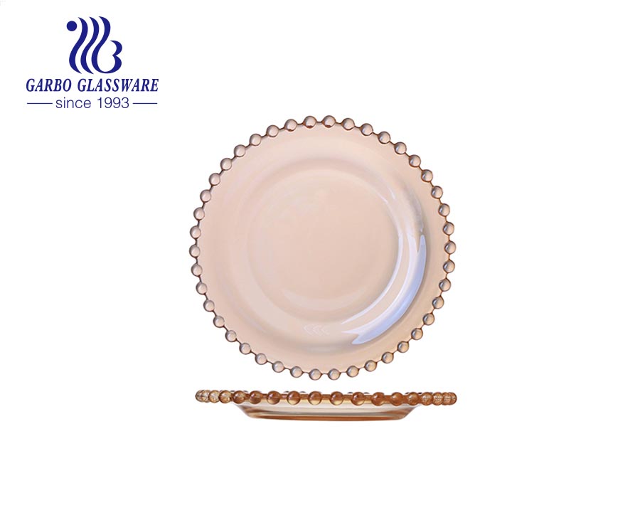 Plaques de chargeur de gâteau aux fruits en verre clair sur mesure en gros plaques de perles de verre avec bord argenté