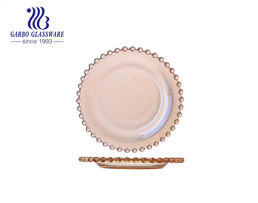 wholesale customized clear glass fruit cake charger plates glass beaded plates with silver rim