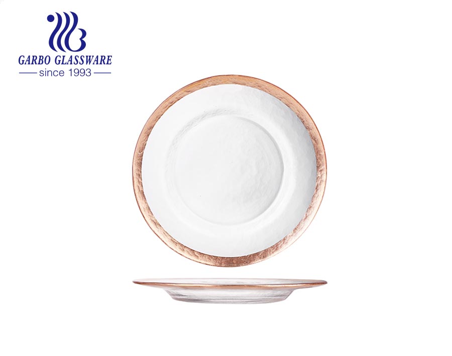 Elegant table decorative luxury dinner glass plate with glass plate charger gold rim 