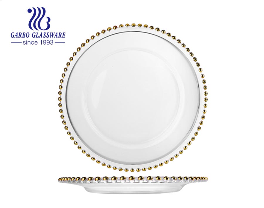 Elegant table decorative luxury dinner glass plate with glass plate charger gold rim 