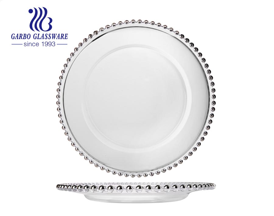 Elegant table decorative luxury dinner glass plate with glass plate charger gold rim 