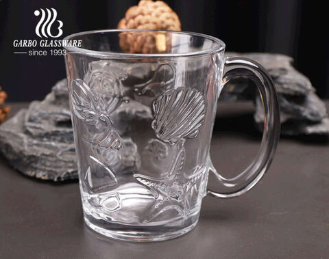 Garbo patent design glass cup with handle 10oz engraved pattern summer ocean series clear glass mugs