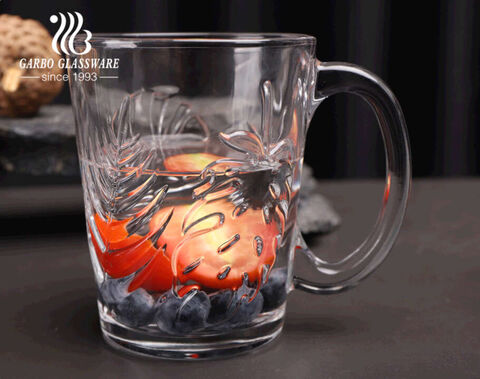 Tasse en verre au design breveté Garbo avec poignée 10 oz motif gravé série océan d'été tasses en verre transparent