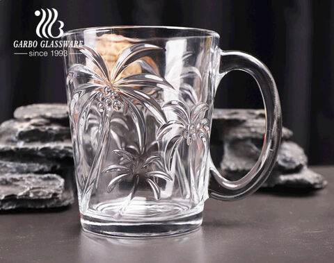 Vaso de vidrio con diseño patentado Garbo con asa 10 oz patrón grabado summer ocean series tazas de vidrio transparente