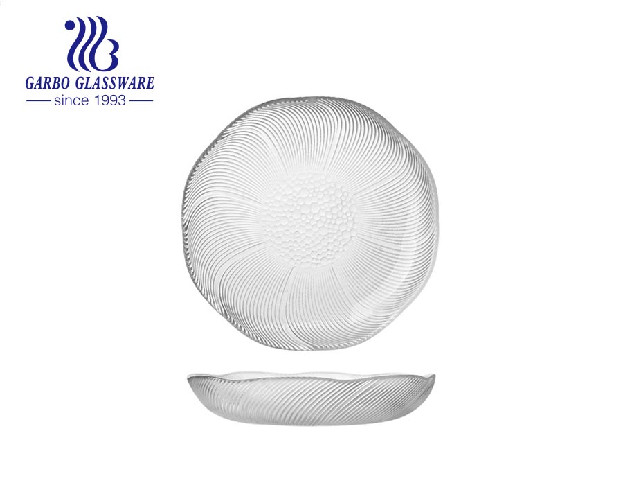 Elegant and unique lotus pattern design glass plate for hotel wedding dinner service