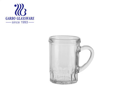 Small quantity 85ml glass tea mug with designs cheap IS machine made glass cup with handle 