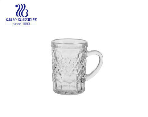 Small quantity 85ml glass tea mug with designs cheap IS machine made glass cup with handle 
