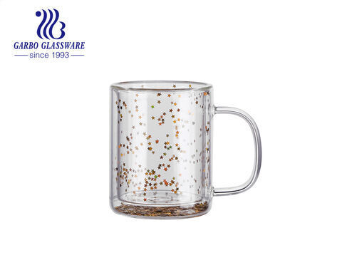 Belles conceptions tasses à café en verre à double paroi en borosilicate tasse en verre d'impression de décalque d'or avec paillette brillante