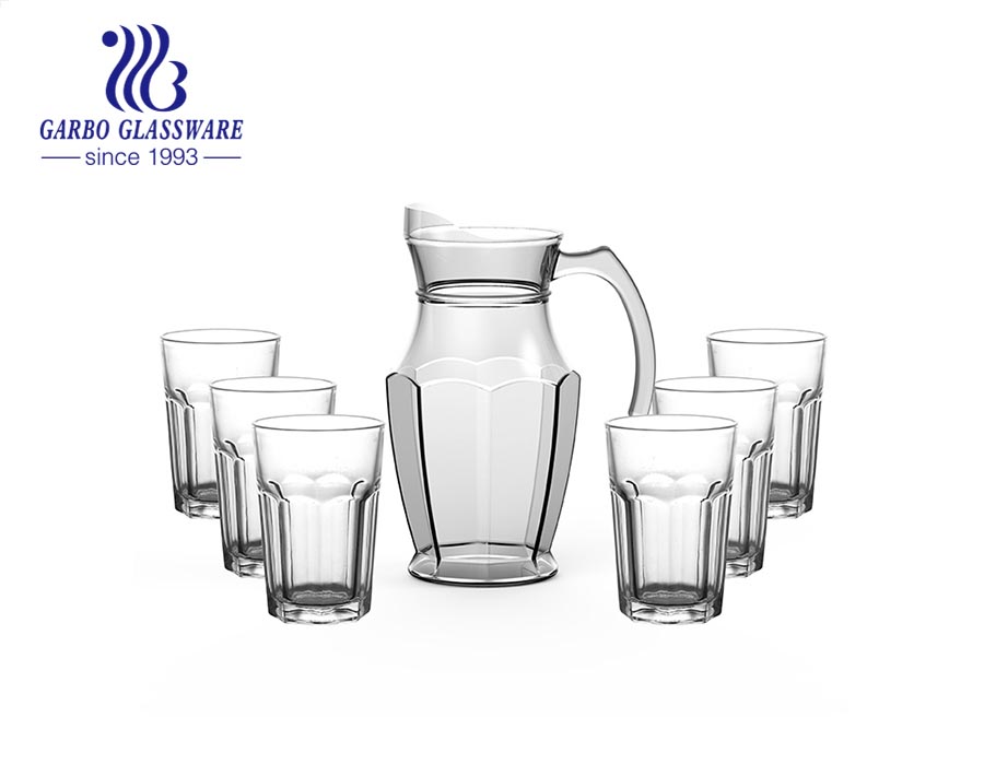 Wholesale cheap 7 pcs classical glass water drinking pitcher glass jar set with lid with customized design