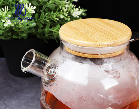 وعاء شاي زجاجي من البورسليكات الزجاجي 480 مللي مع غطاء خشبي للشاي الساخن
