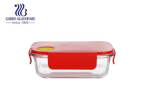 Popolare contenitore per alimenti in vetro per microonde 630ml Contenitore per alimenti rettangolare in vetro con coperchi rossi