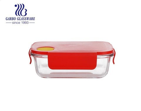 Fiambrera de vidrio para microondas popular Envase de comida de vidrio rectangular de 630 ml con tapas rojas para alimentos