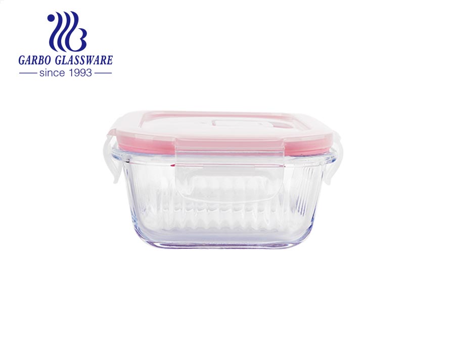 Beliebte mikrowellengeeignete Glas-Lunchbox 630 ml Rechteckiger Glas-Lebensmittelbehälter mit roten Deckeln für Lebensmittel